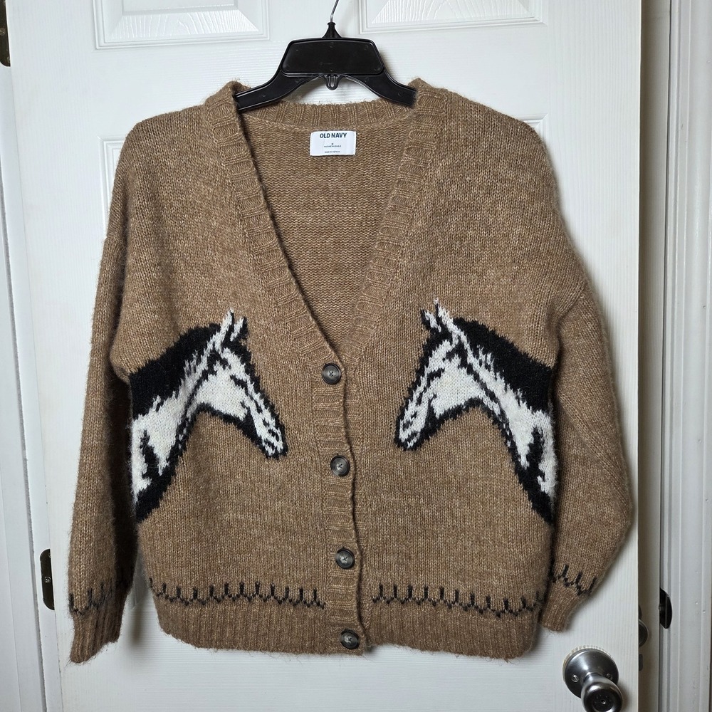 Old Navy sz M Horse Head Western brown button fuzzy oversized Cardigan Sweater